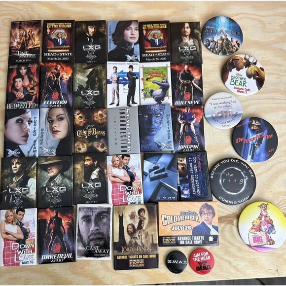 37 Vintage Movie Buttons Collection Of 37 Pins Lot Collections Cinema - Picture 1 of 5